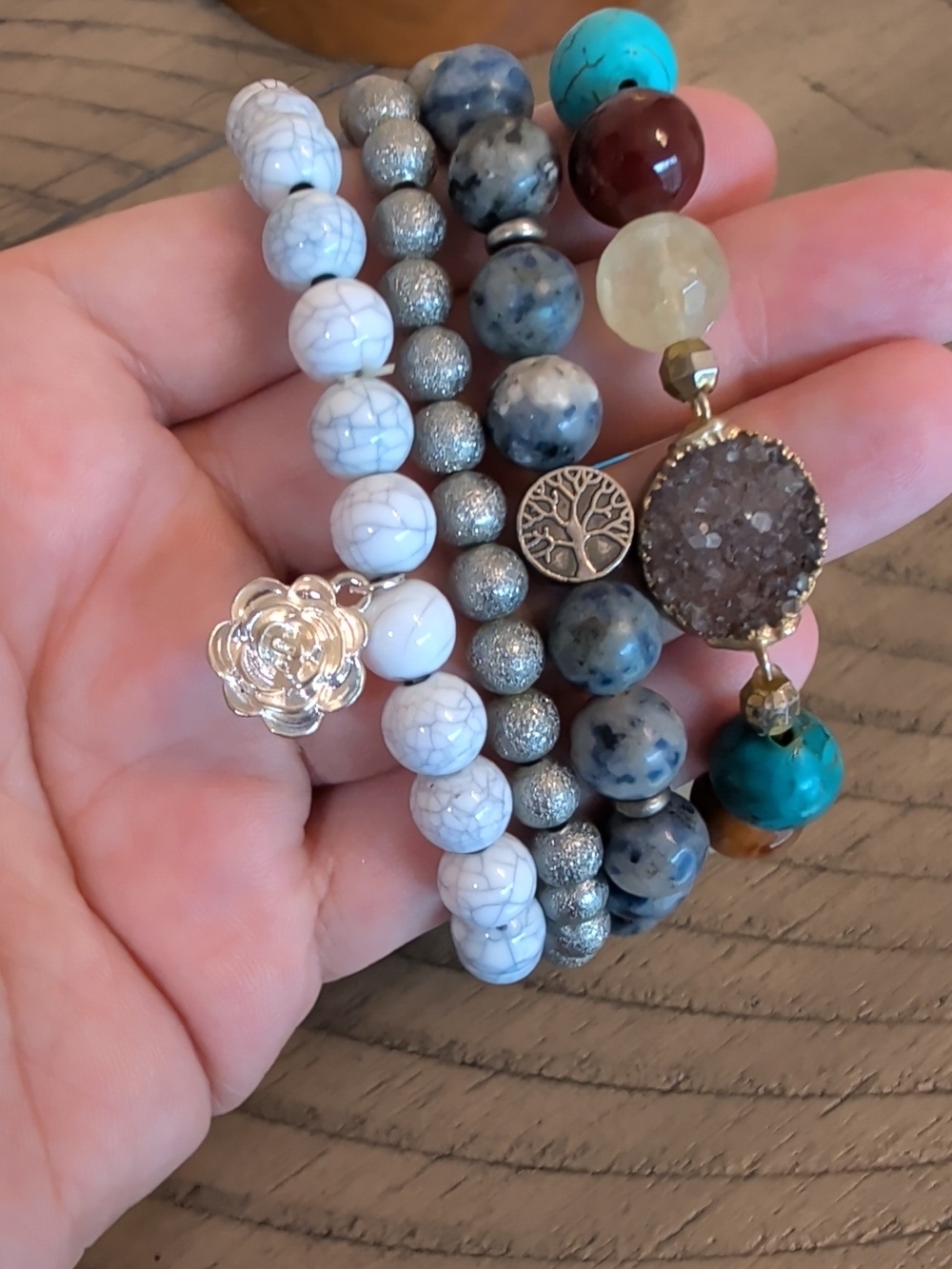 Multi-Stack Gemstone and Druzy Beaded Stretchy Bracelet Set